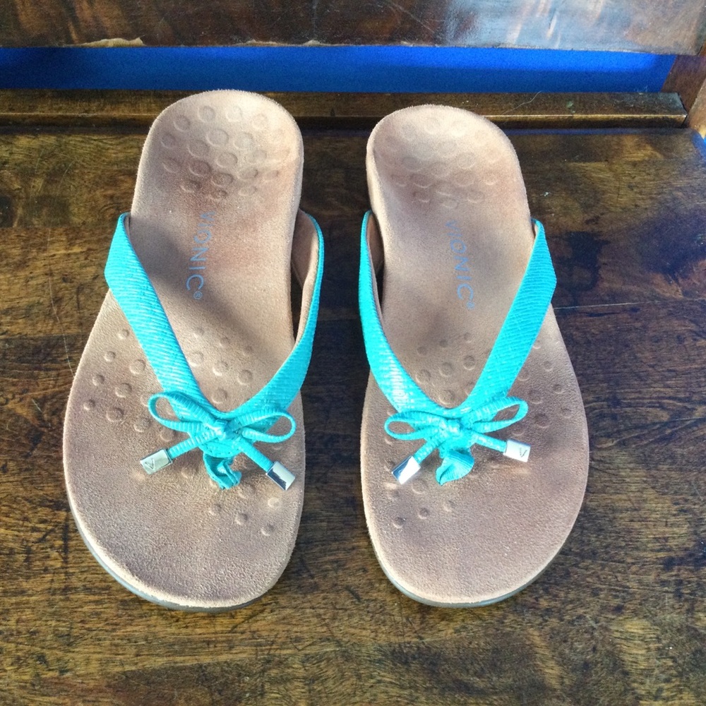 Vionic Bella Size 8 Turquoise Bow Sandals Comfort Thongxs